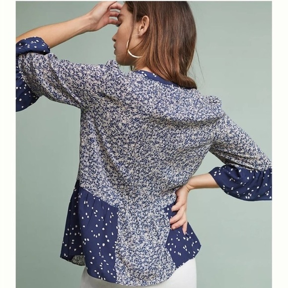 Anthropology Maeve Blue Hiver 3/4th Bell Sleeve Button Lace Front Blouse 2 - Picture 10 of 10